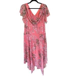 Vintage Y2K Fairy Pink Floral Midi Dress Cowl Neck Flutter Sleeve Ethereal 18